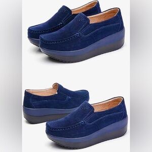 Women's Wedge Loafers Walking Shoes Trainers Blue Suede Leather Size 5.5-6 NWOT